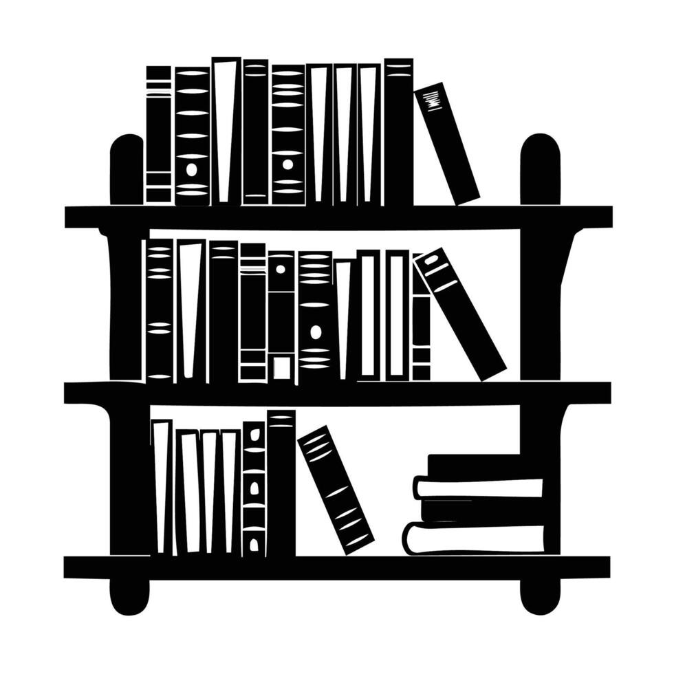 Illustration of a bookshelf filled with various books in black and white. vector