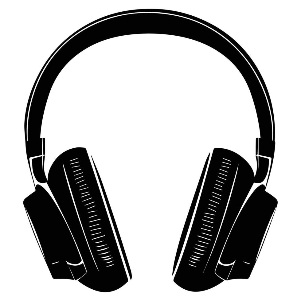 A black and white illustration of headphones, symbolizing audio, music, listening, and sound technology. vector