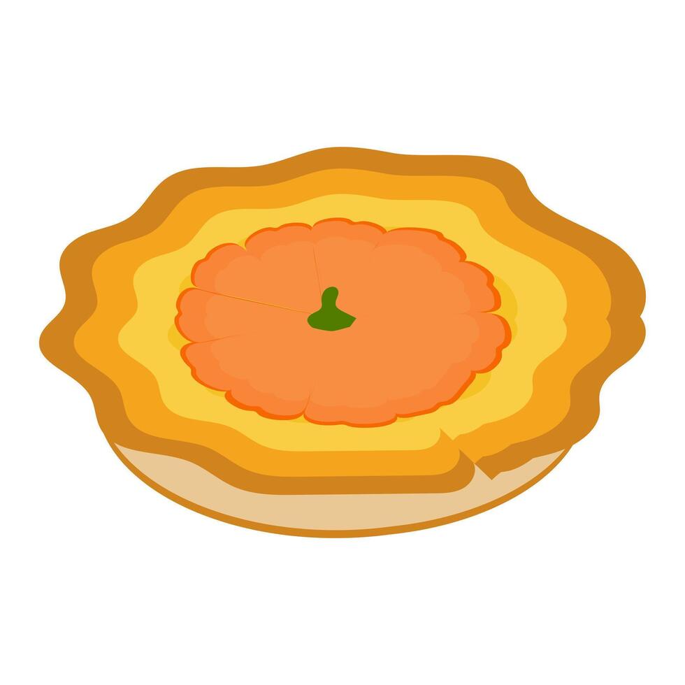 Illustration of a whole pie with pumpkin topping on top, filled with pumpkin-shaped pieces of fruit. vector