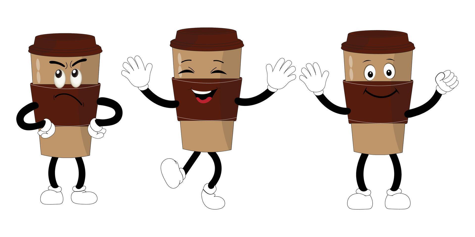 Coffee cup mascot set, funny coffee cups with different facial expressions and poses. Funny colorful characters in doodle style vector