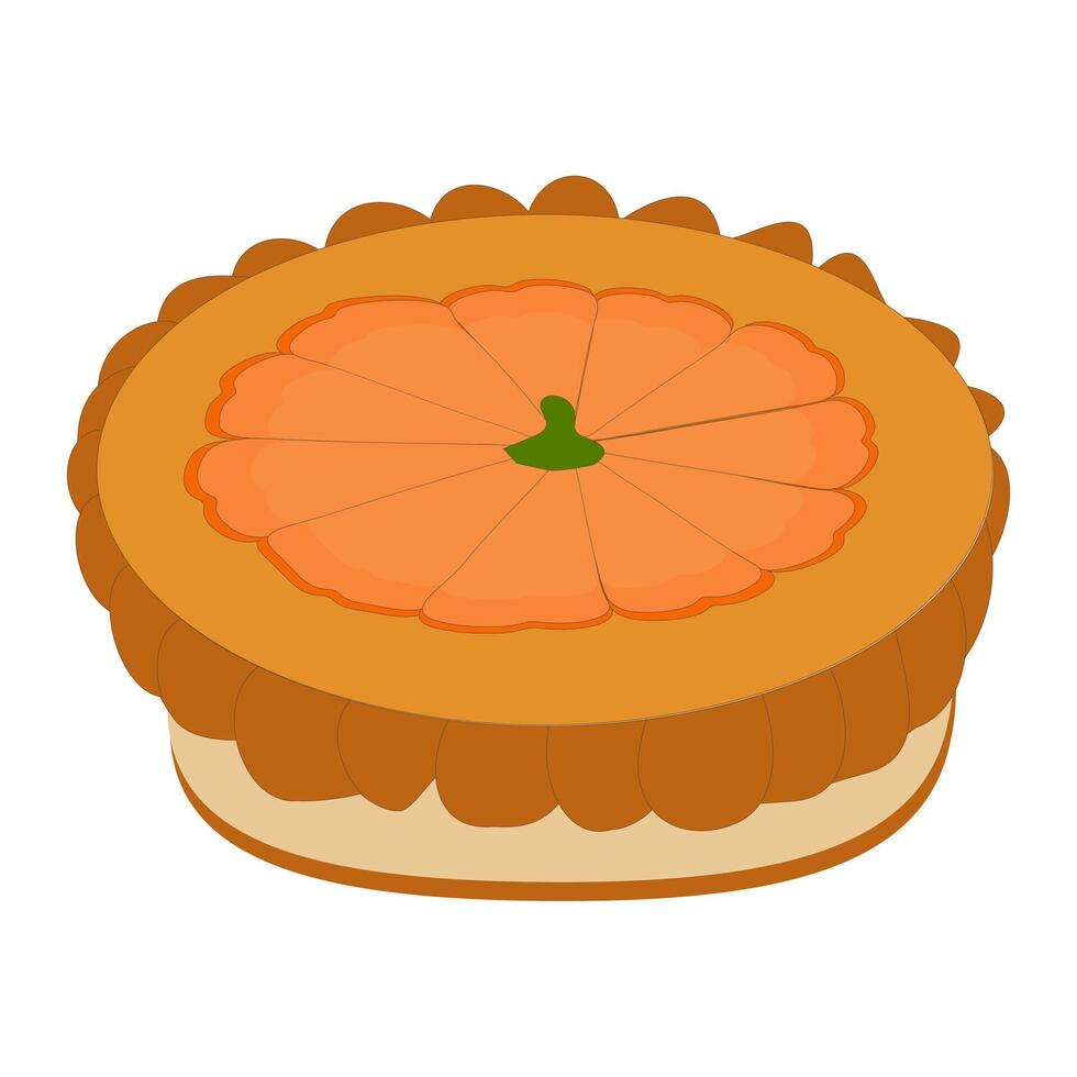 Illustration of a whole pie with a thick layer and pumpkin topping on top, filled with pieces of pumpkin, shaped fruit. vector