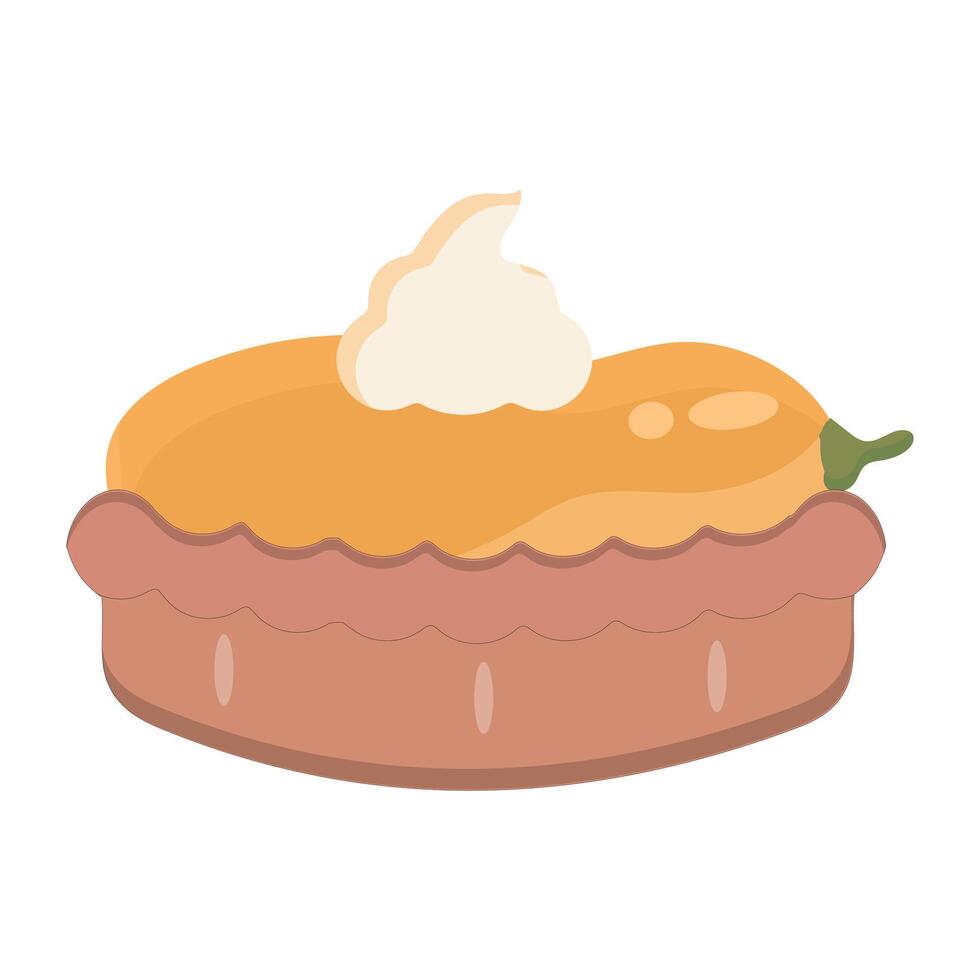 Illustration of a whole pie with a thick layer and cream topping on top, filled with pumpkin-shaped pieces of fruit. fiveteen vector