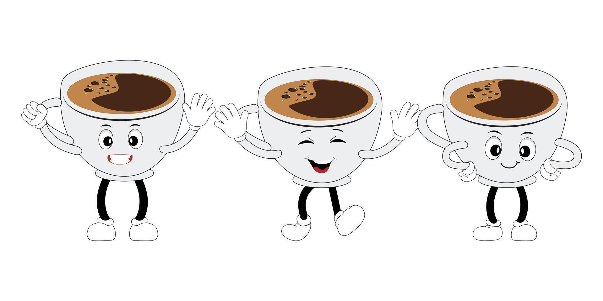 Coffee cup mascot character set, funny coffee cups with different facial expressions and poses. Funny colorful characters in doodle style. Five teen. vector