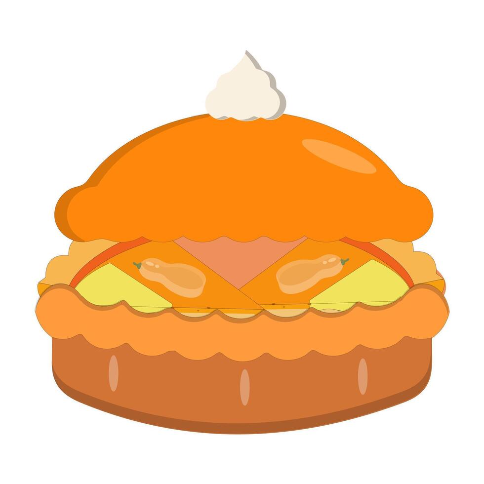 Illustration of a whole pie with a thick layer and cream topping on top, filled with pumpkin, shaped pieces of fruit. vector