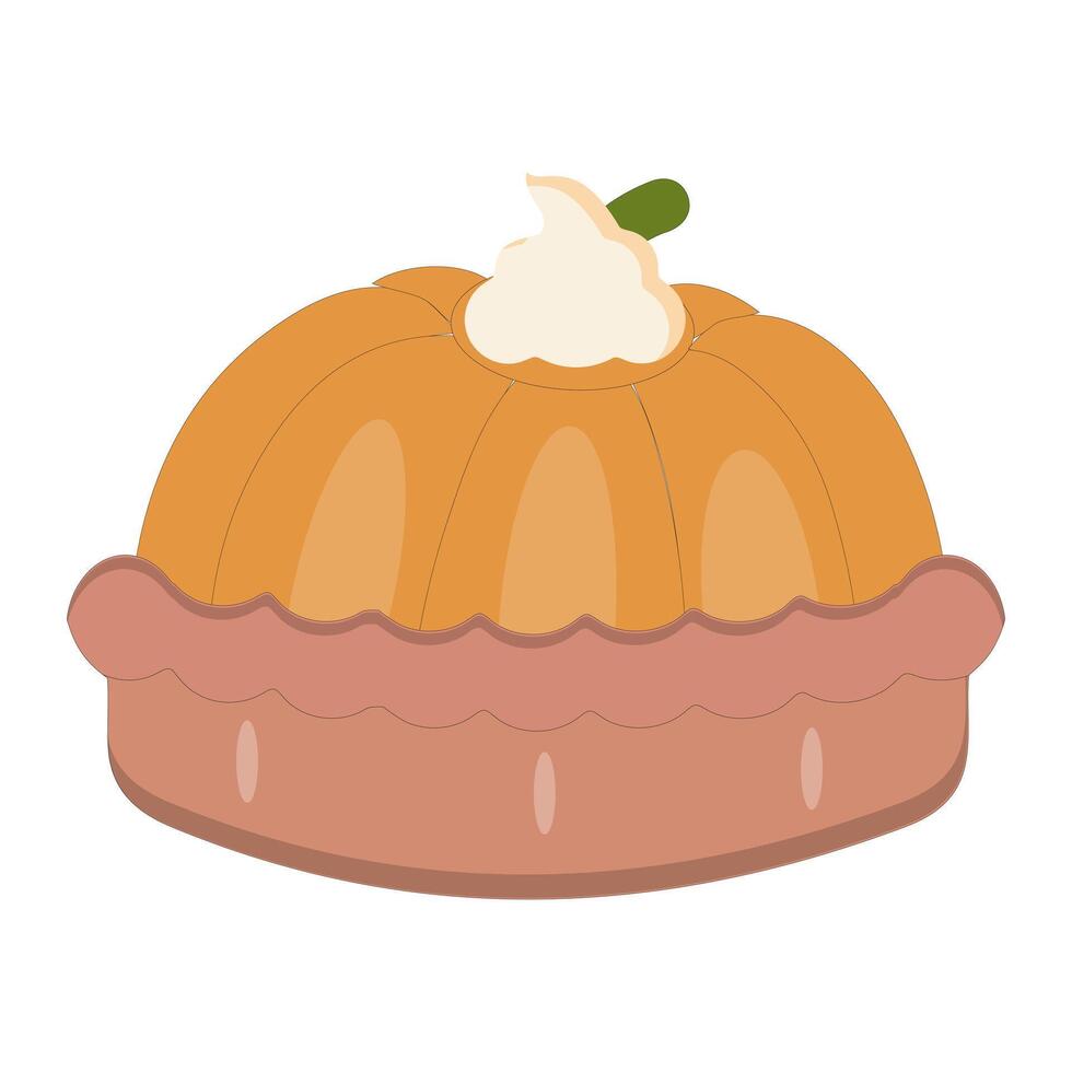 Illustration of a whole pie with a thick layer and cream topping on top, filled with pumpkin-shaped pieces of fruit. vector