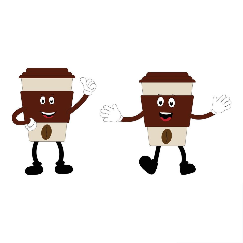 Two happy Coffee cup mascot character, funny coffee cups with different facial expressions and poses. Funny colorful characters in doodle style vector