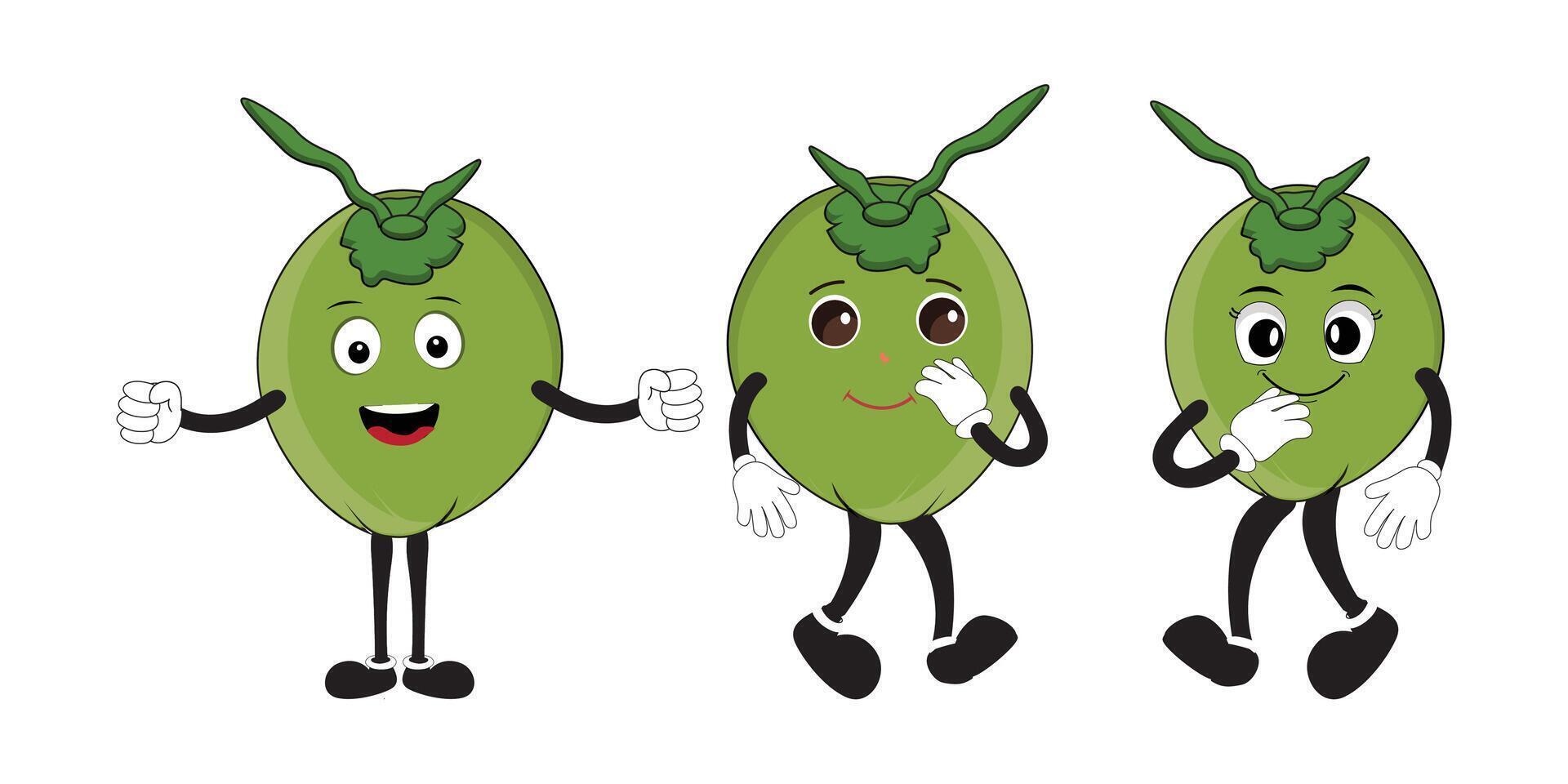 Set of green coconut fruit cartoon character 17, Mascot poses with smile expression Isolated on white background, design Illustration vector