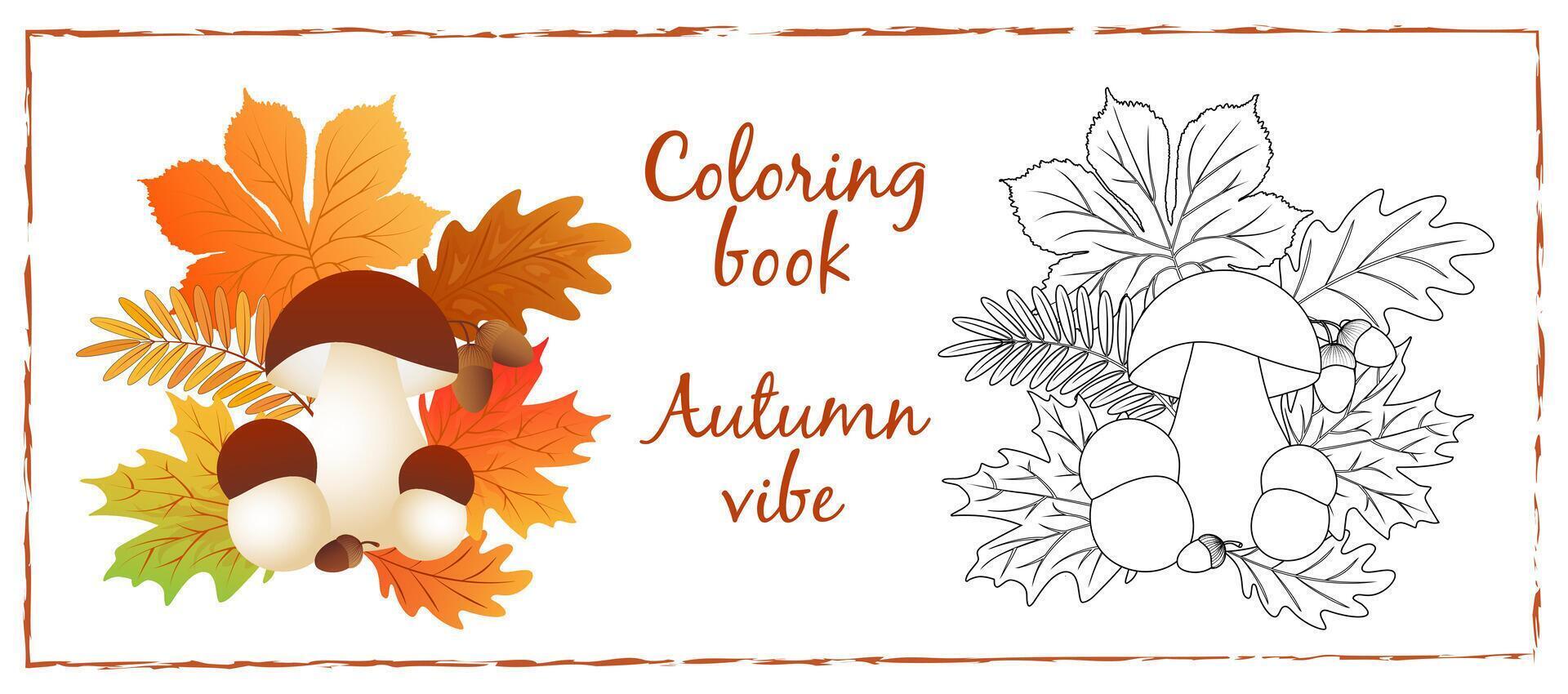 Coloring page with autumn maple and chestnut leaves, acorns,oak leaves, rowan leaves, mushrooms on white background. vector