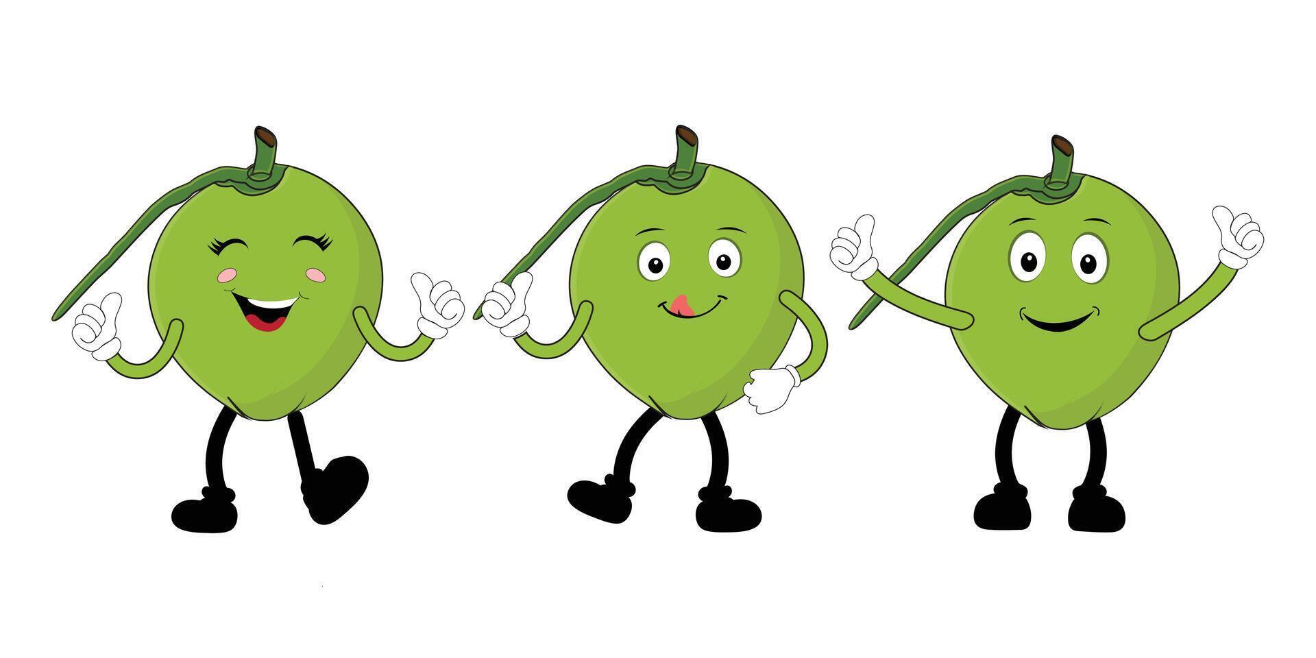 Set of green coconut fruit character, Mascot poses with smile expression Isolated design Illustration vector