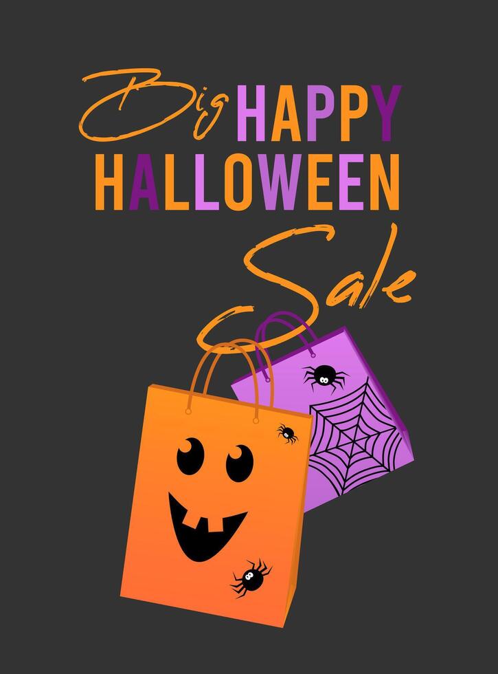 Happy Halloween sale banner, flyer on grey background with halloween bag, spiders, web. vector