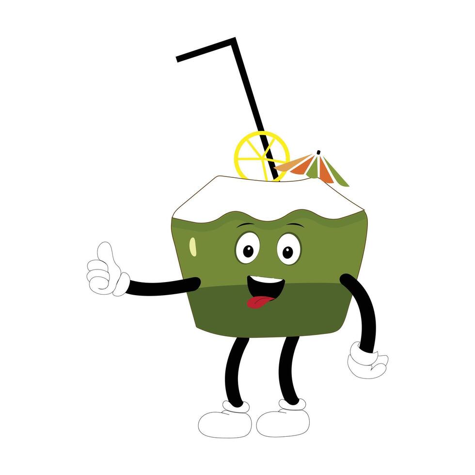 Coconut mascot, Summer Design Illustration of Happy Coconut Mascot Character with straw, lemon slice and small umbrella, while another gives thumbs up, tongue out vector
