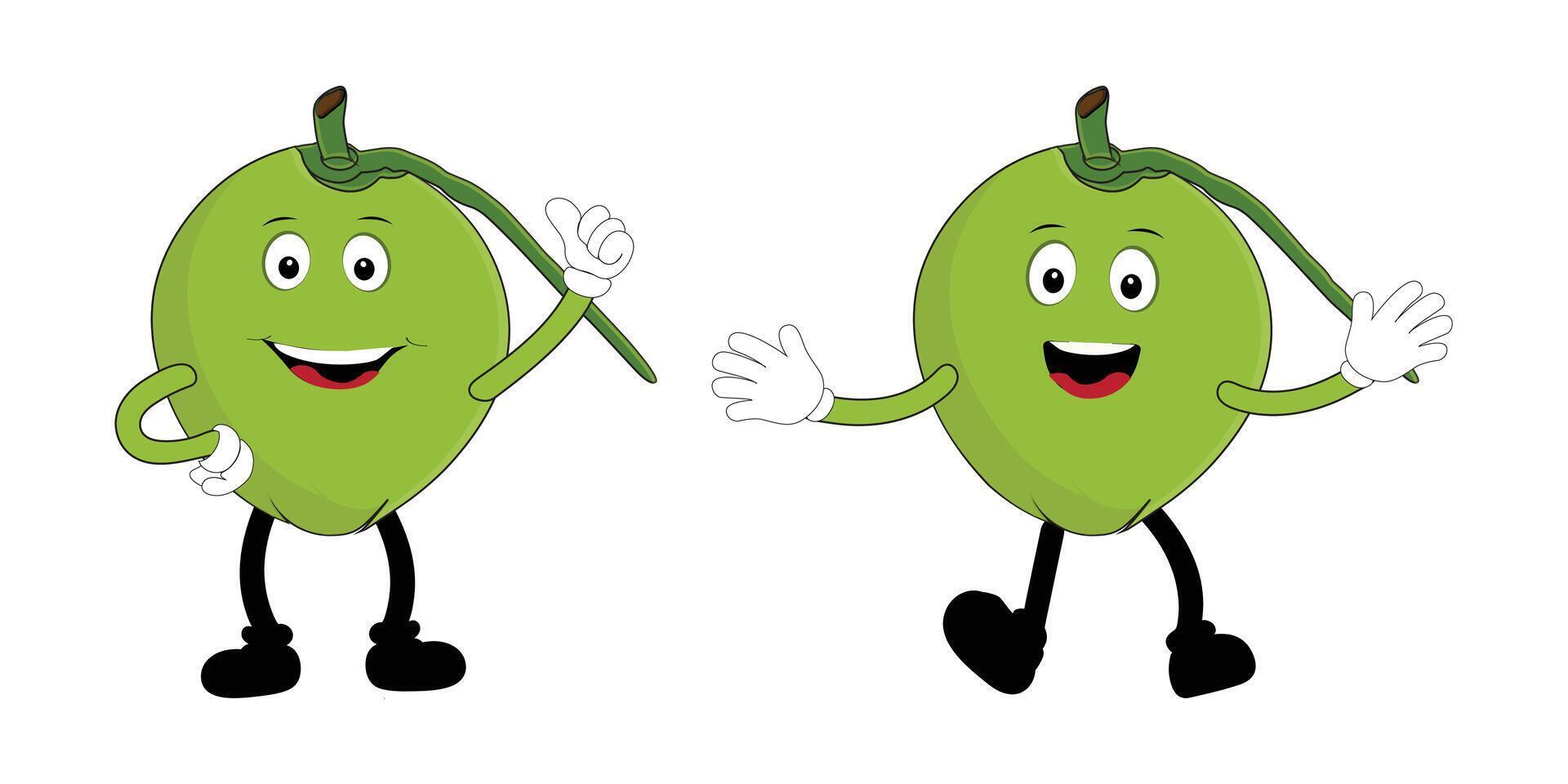 Set of green coconut fruit cartoon character, two Mascot poses with smile expression Isolated design Illustration vector