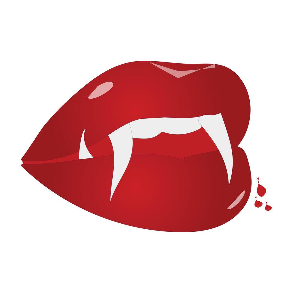 Vampire mouth with fangs and teeth icon illustration. Cartoon open red lips woman with long pointed teeth expression emotion, side angle. suitable for halloween design theme vector