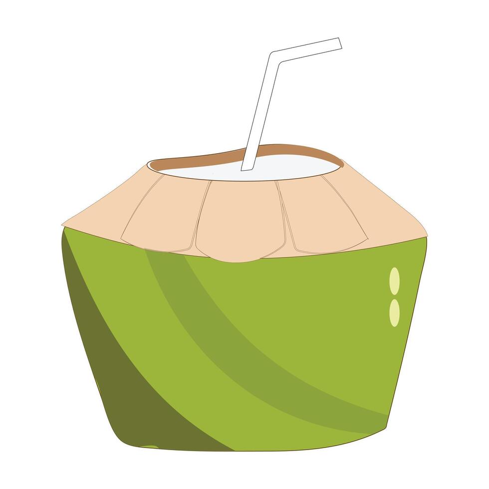 Green coconut graphics icon with straw. Summer coconut cocktail. Illustration of tropical exotic fruits in flat style. Five vector