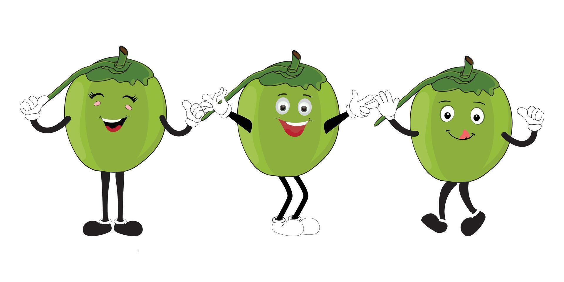 Set of green coconut fruit cartoon character, three poses with smile expression Isolated design Illustration vector