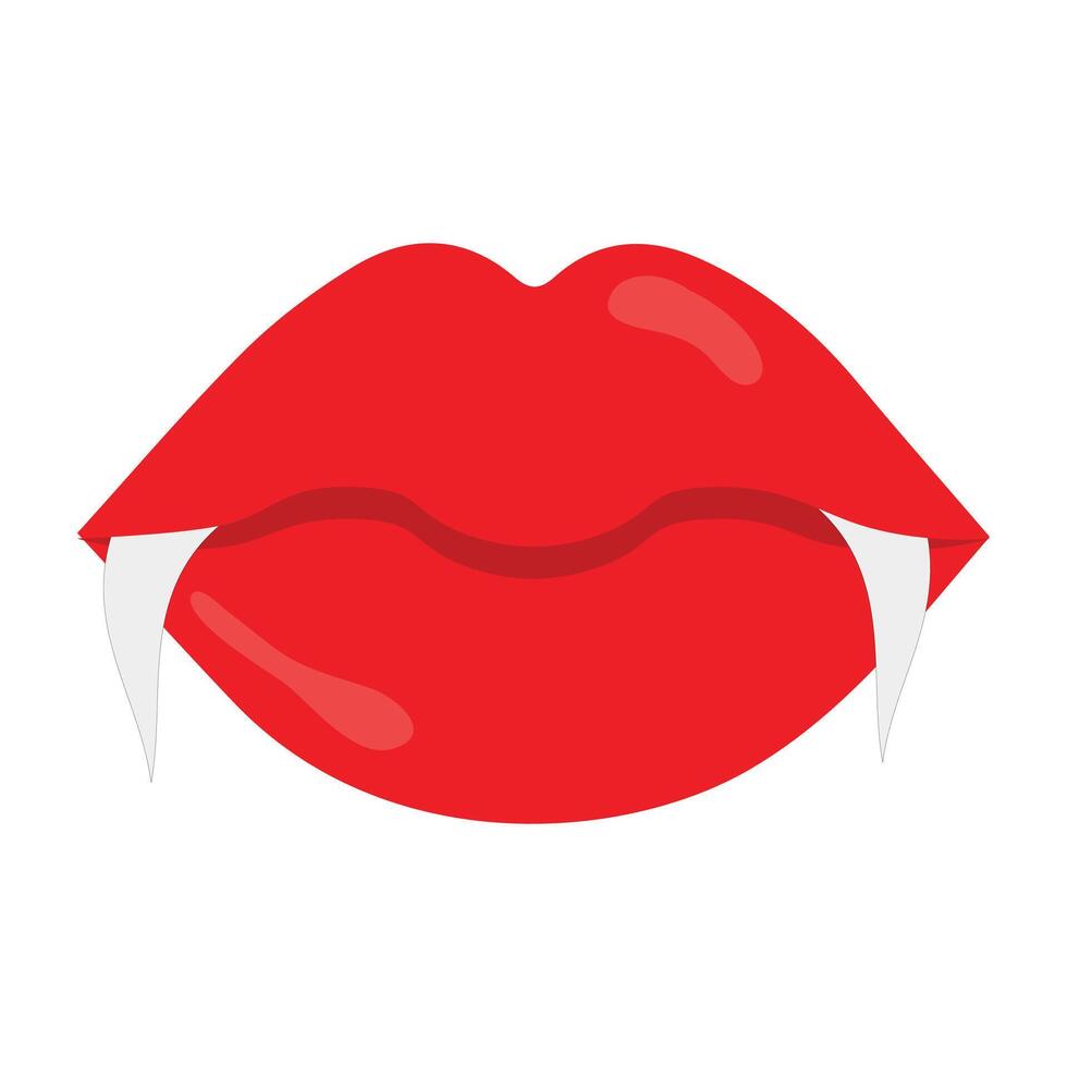 Vampire mouth with fangs illustration. Cartoon red lips woman with long pointed teeth expression emotion, perfect for halloween design theme vector