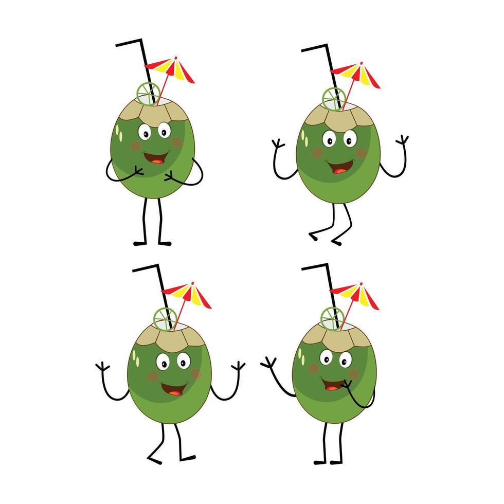 Set of green coconut fruit cartoon character, four Mascot poses with straw, design Illustration vector