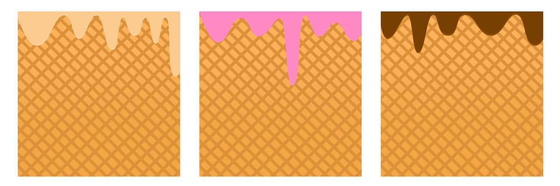 Set of waffle textures with dripping ice cream in vanilla, strawberry, and chocolate flavors. Perfect for dessert-themed designs, backgrounds, or food illustrations. vector
