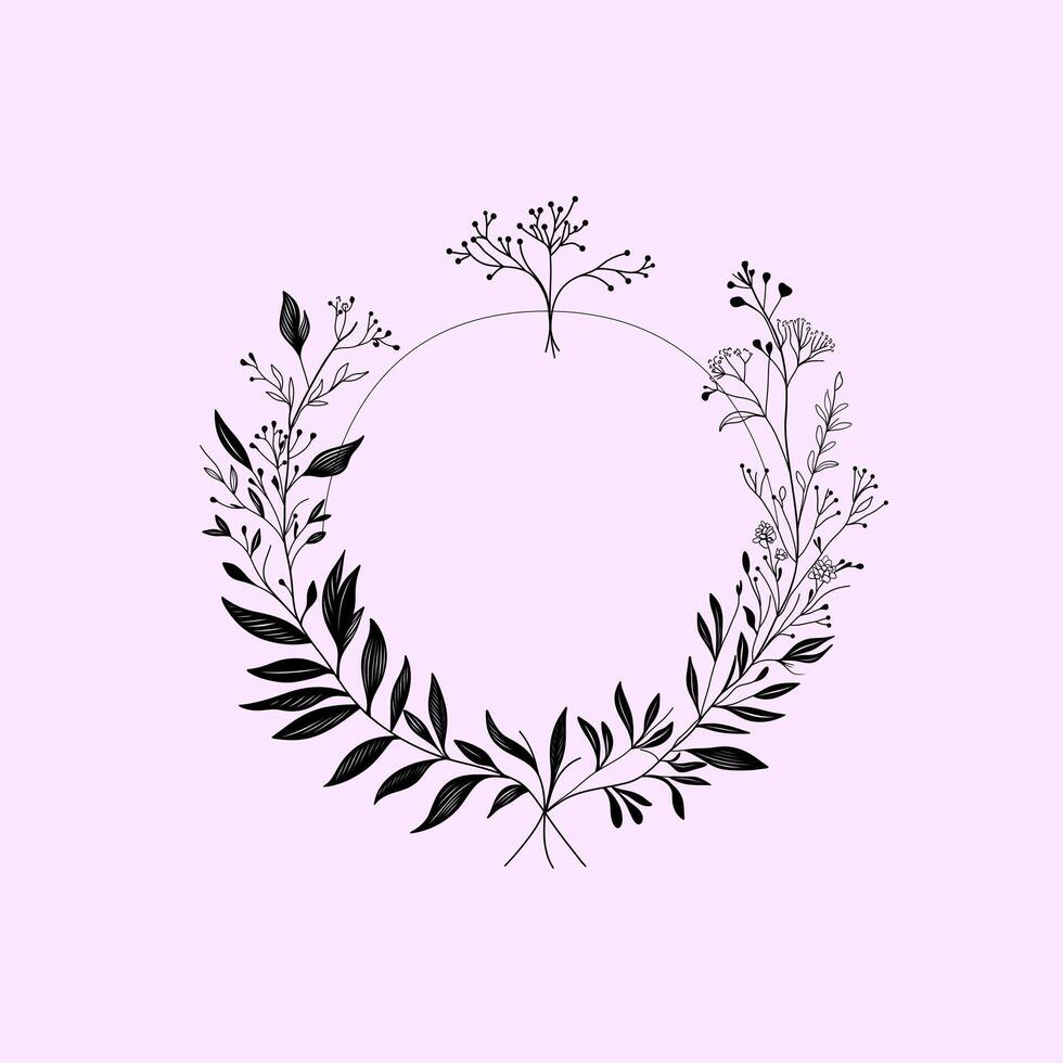 Delicate floral wreath illustration in black with minimalist leaves and branches, set on a light purple background. Suitable for invitations, logos, and elegant wedding designs. vector