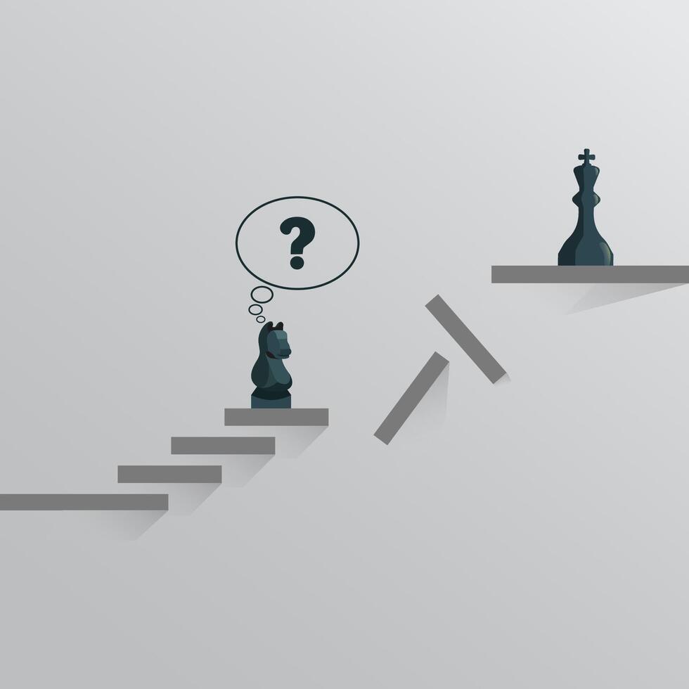 Chess knight standing with collapsed stairs and the king on the top. Strategy to achieve goals illustration vector