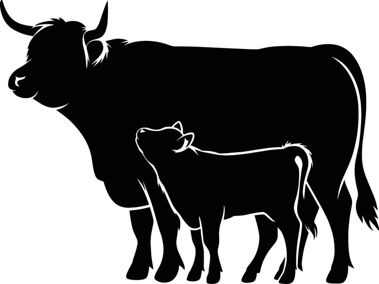 A black and white silhouette of a cow and calf vector