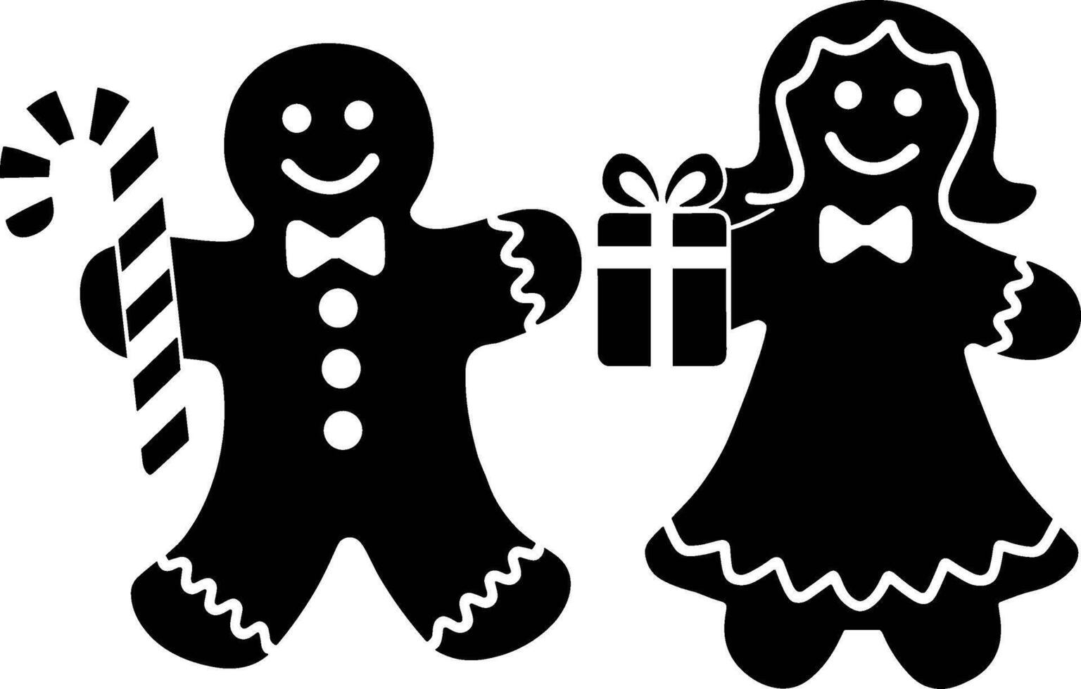 A black and white silhouette of a gingerbread man and woman vector