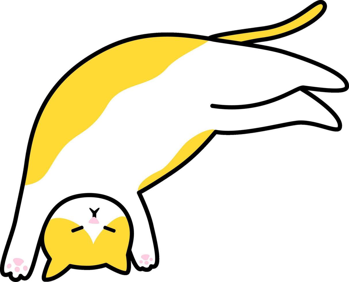 The cat colored with patches of yellow and white in a sleepy and relaxed pose is stretching with its back legs extended upward and its front legs bent forward, creating an almost inverted U shape. vector