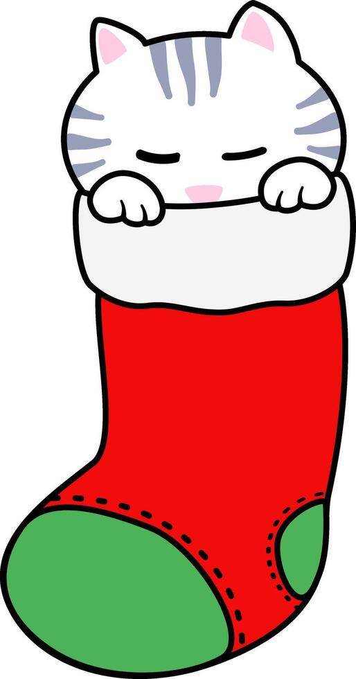 A cat with grey stripes and a pink nose, snugly tucked into a Christmas stocking, sleepy appearance. Its paws are resting over the top of the red stocking which has a green toe and heel. vector