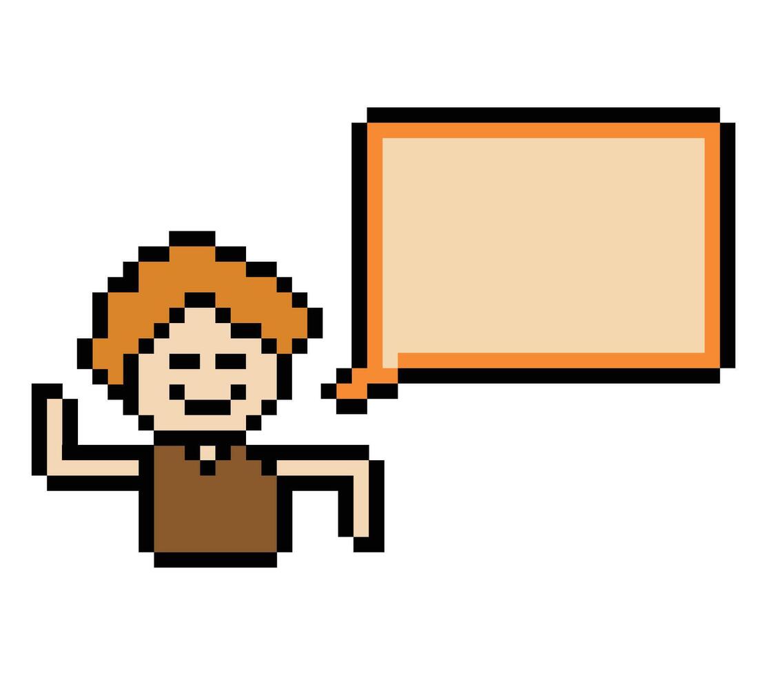 Cartoon pixel man boy smile face and chat box 8 bit. vector