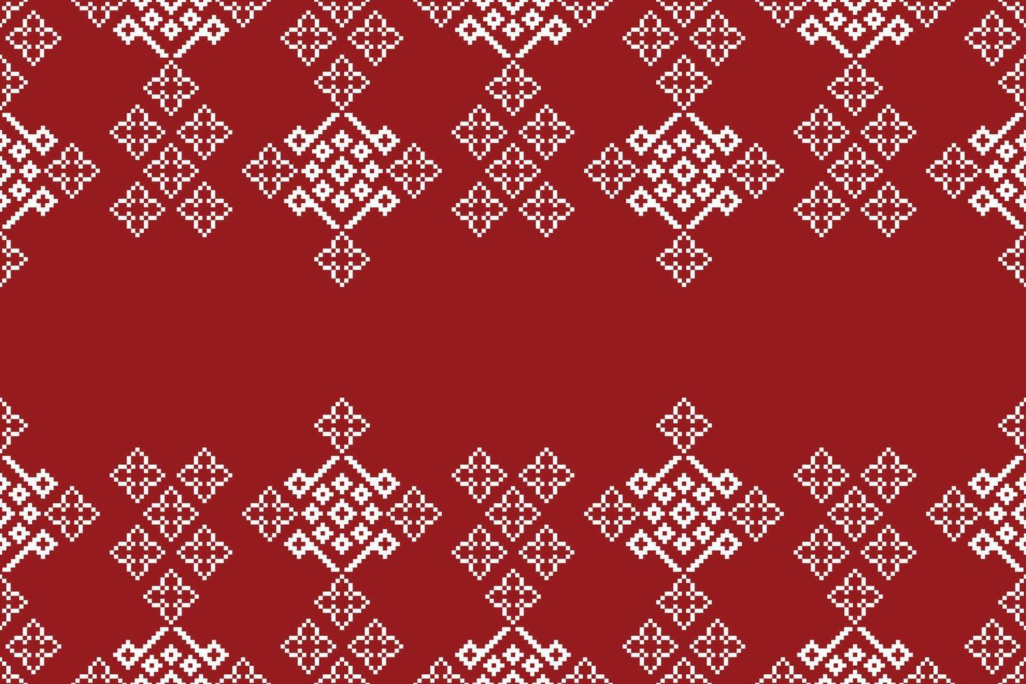 Beautiful red motif cross stitch pixel background ethnic color style. vector