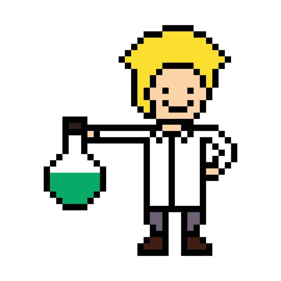 Cartoon 8 bit cool man doctor science with green solution. vector
