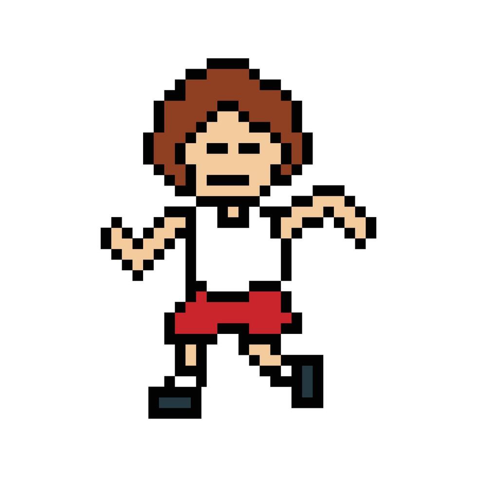 Cartoon cute pixel style man or boy run excerise happy mood. vector