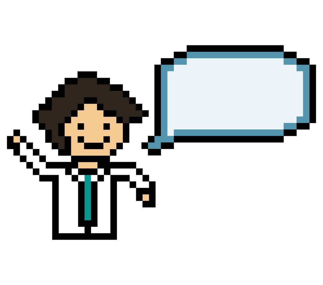 Cute 8 bit doctor man smile advise and chat box pixel. vector