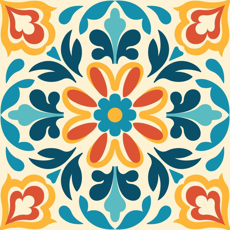 Mexican floral ornament with detailed flower and leaf patterns. Classic ceramic tiles. Vibrant shades of red, yellow, and green create a striking design. vector
