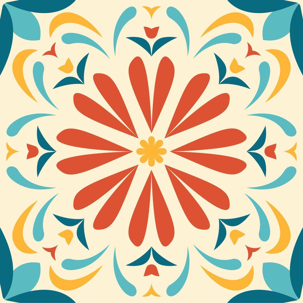 Ceramic tiles in a traditional style, adorned with floral and leaf patterns, display a vibrant Mexican floral mosaic featuring lively red, yellow, and green hues. vector