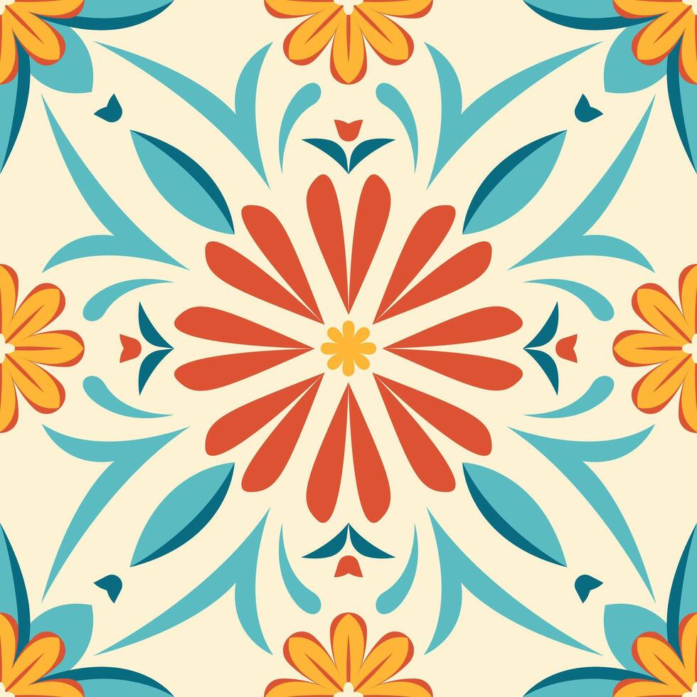 Floral ceramic tiles, inspired by Mexican design, showcase intricate patterns of flowers and leaves. Vibrant reds, yellows, and greens add vibrancy, creating a colorful Mediterranean ambiance. vector