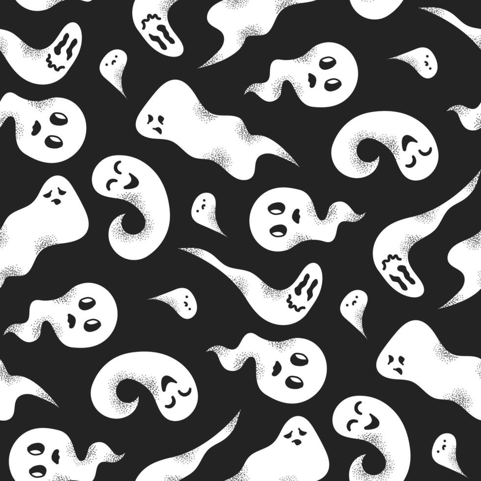 Seamless Halloween pattern with ghosts. Black and white funny ghosts with various emotions. For wrapping, prints, textiles, backgrounds. Spirits with texture. Scared, laughing, surprised, tired faces. vector