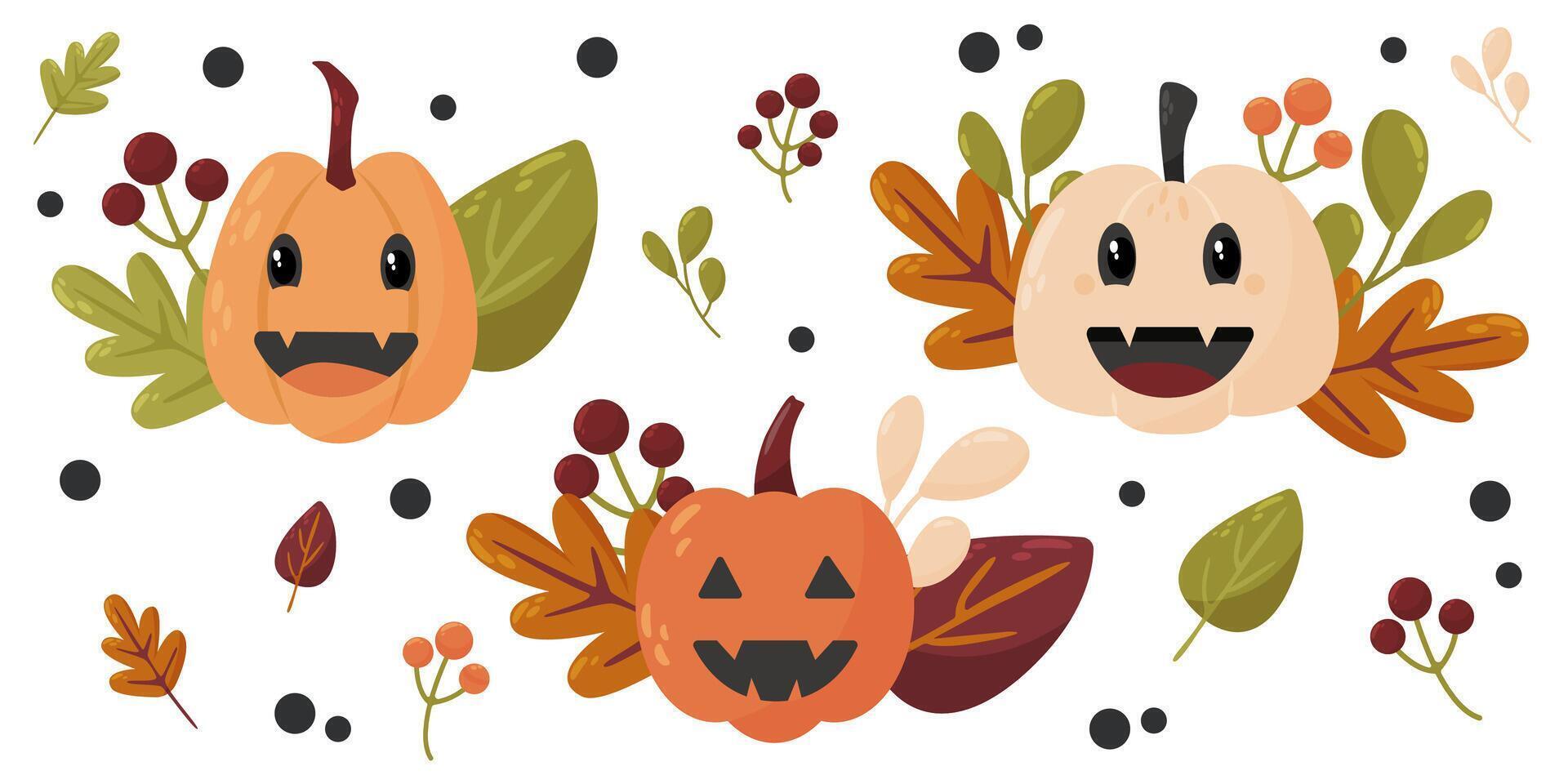 Set of cartoon cute pumpkins of different shapes and colors. Composition with autumn leaves. Design illustration for banner, card, social media, advertising, website vector