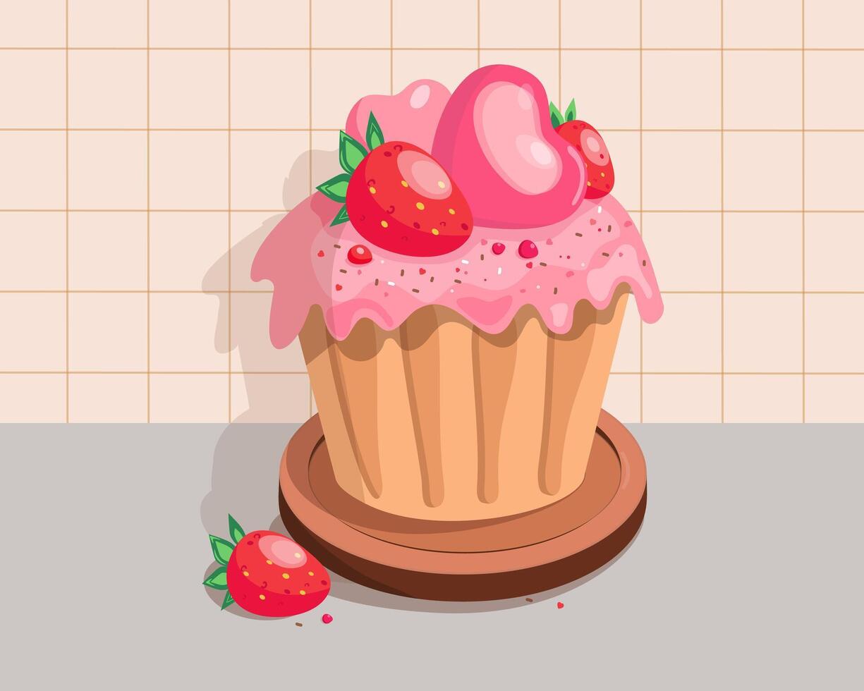 Cake with hearts. Dessert, sweet pastry, cakes, souffle. Sweets day. Delicate cream cake. Valentine's day, wedding, food with festive decor. Design for postcards. vector