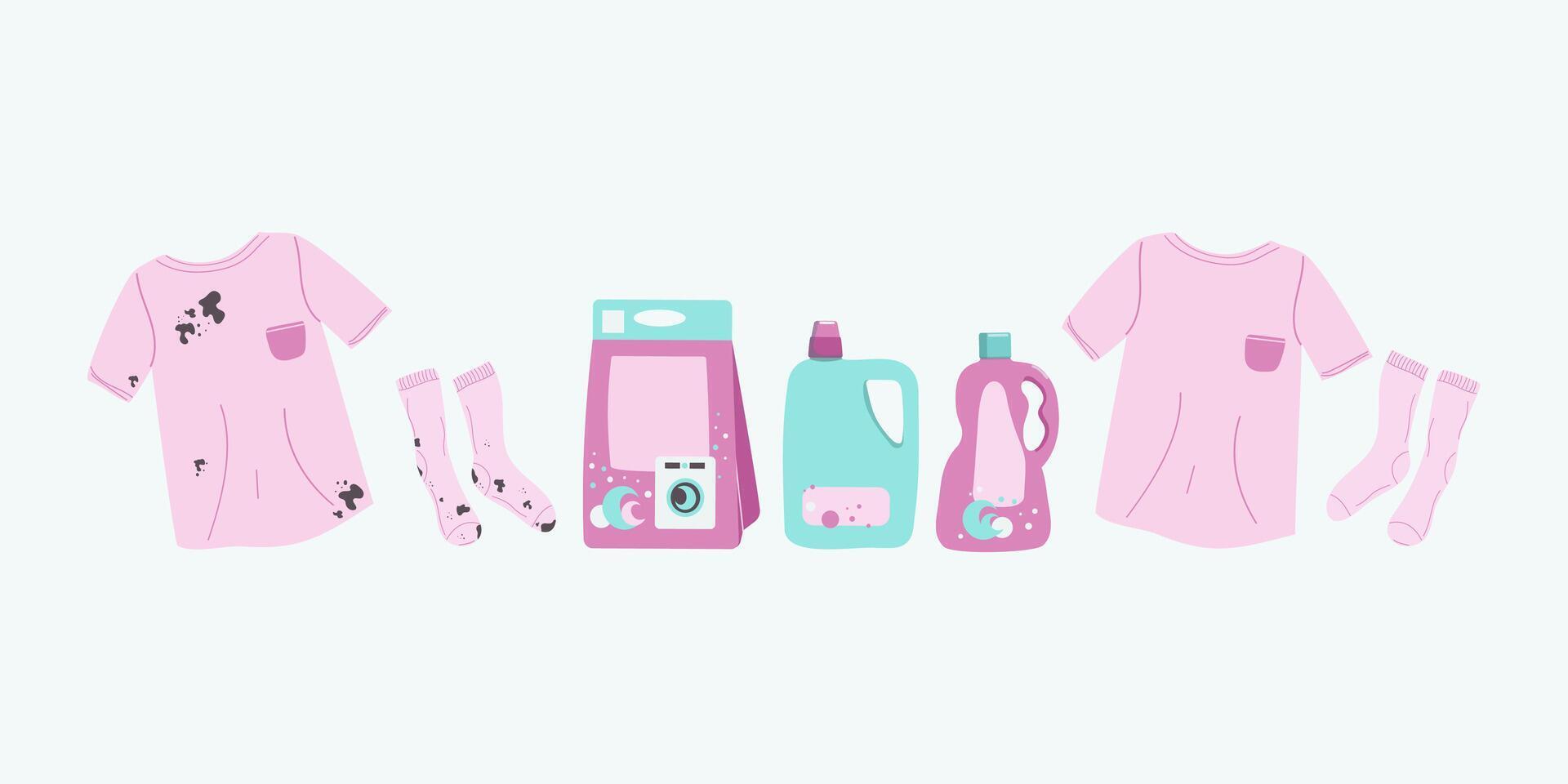 Set detergents for washing. Clean and dirty clothes, T-shirt and socks. Clothes with dirt stains and washed. Household detergents and cleaning products. Packages and bottles. vector