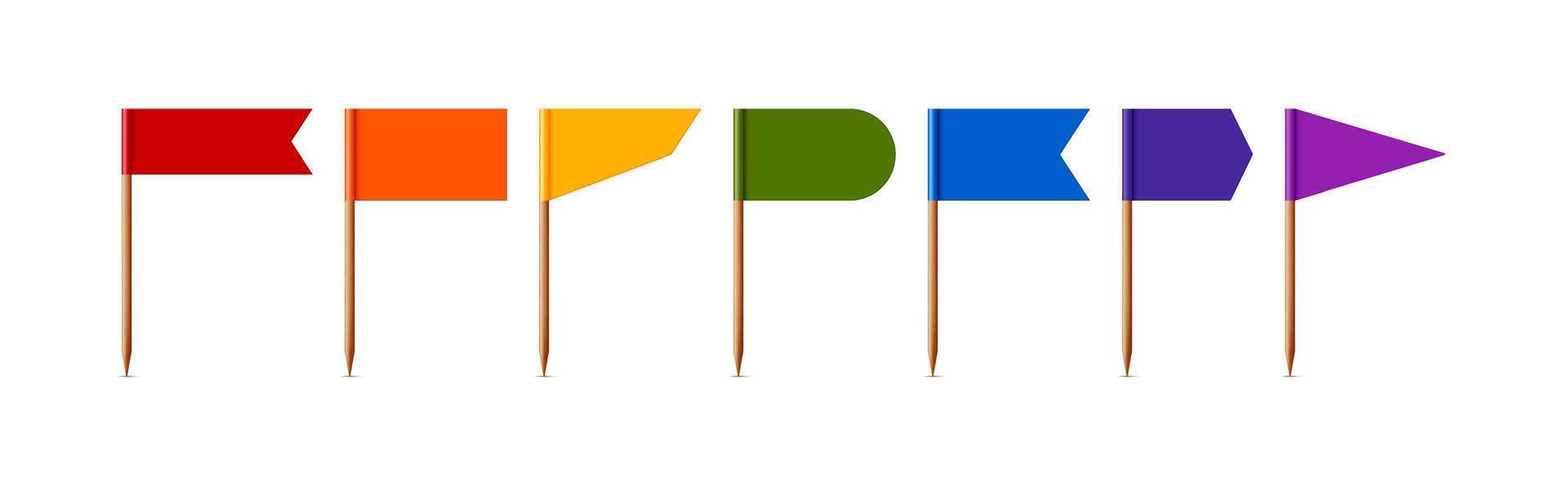 Color toothpick flags. Blank colorful flag on wooden stick, paper banner for food and cocktail decoration. isolated set vector