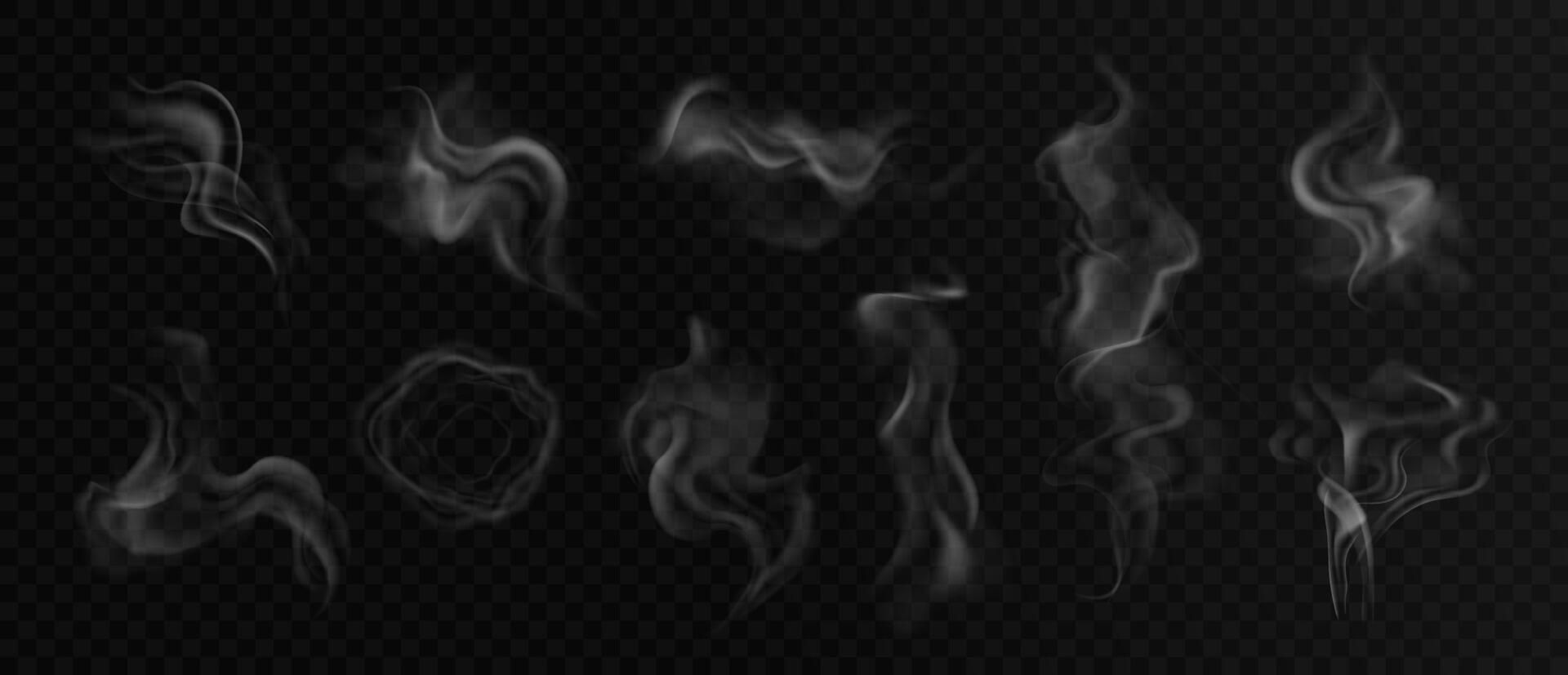 White smoke. Realistic transparent steam. Tea and coffee cup smoke, food steam, vapor cigarette or hookah clouds. 3d illustration vector