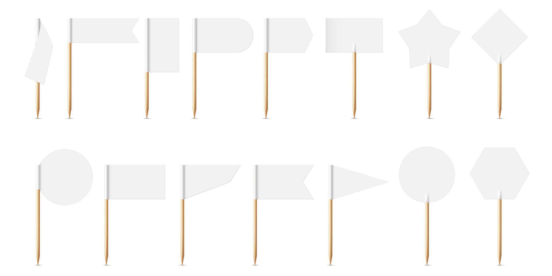 Toothpick flags. White 3D realistic blank small flags on wooden toothpicks in various shape. Decorative pennants, location mark, map pointer set vector