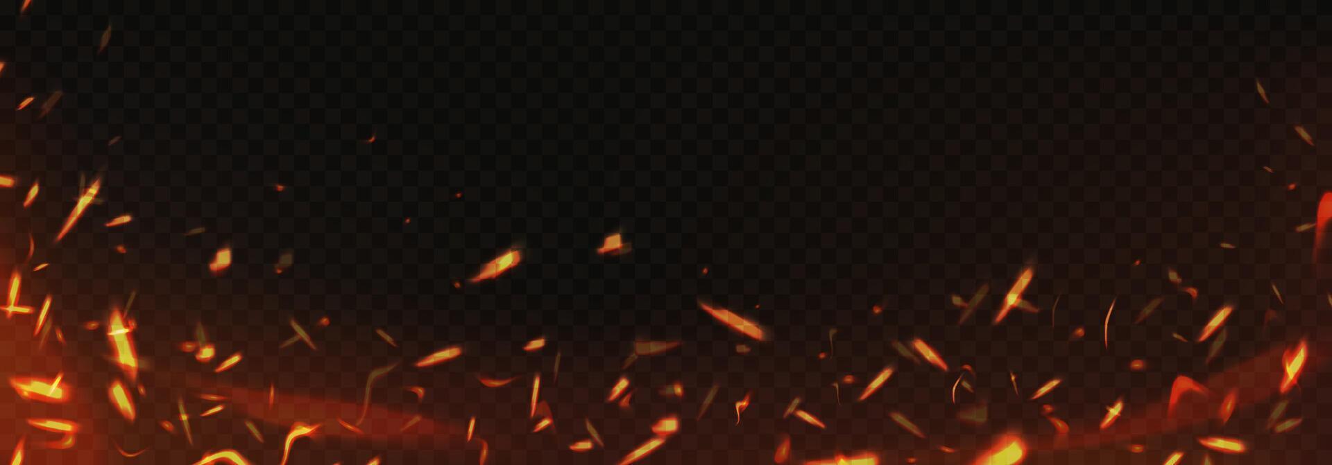 Fire sparks background. Burning glowing particles frame, embers burning cinder. Flame of fire with sparks. texture vector
