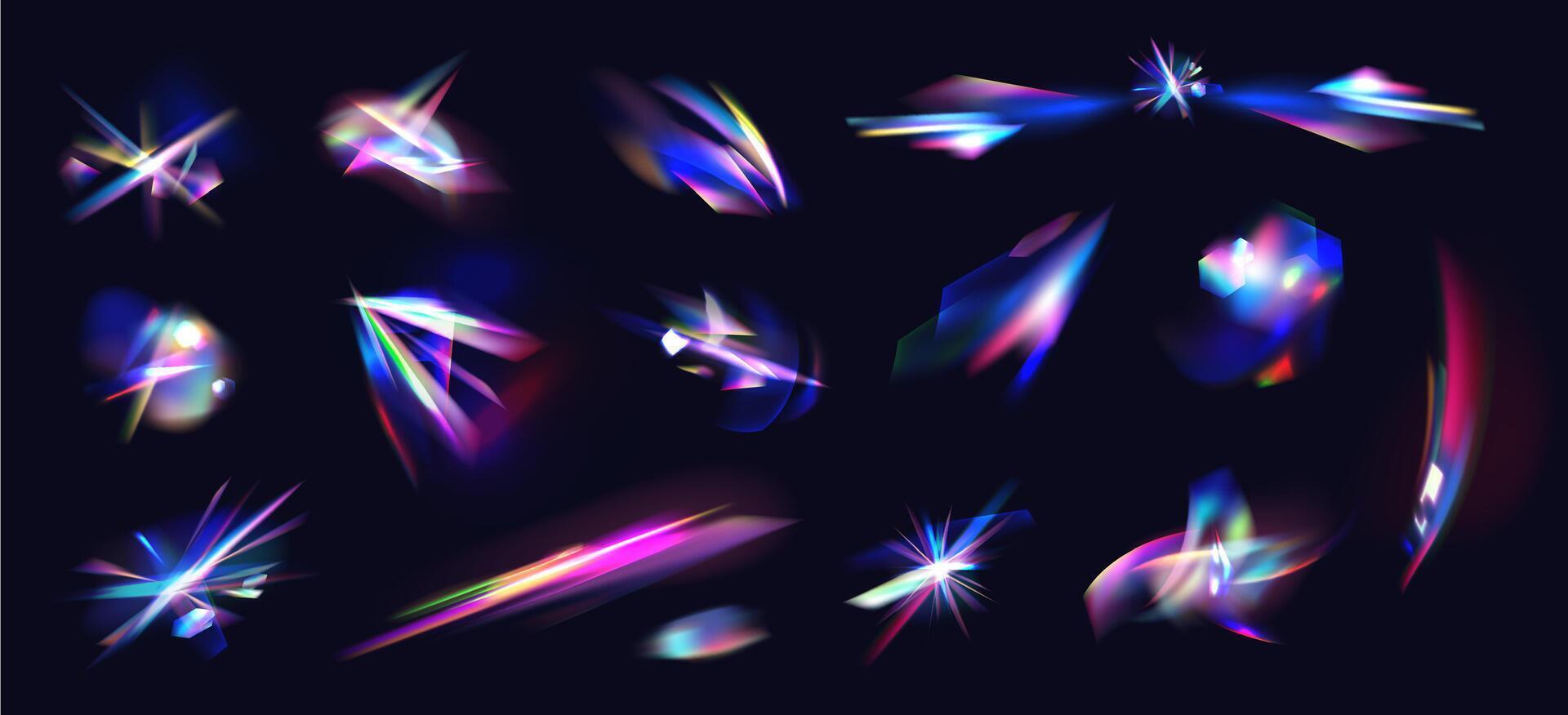 Diamond reflection. Iridescent crystal leak glare reflections effect. Optical rainbow lights, glare streak overlay. Colorful lenses and light flares with transparent effects vector