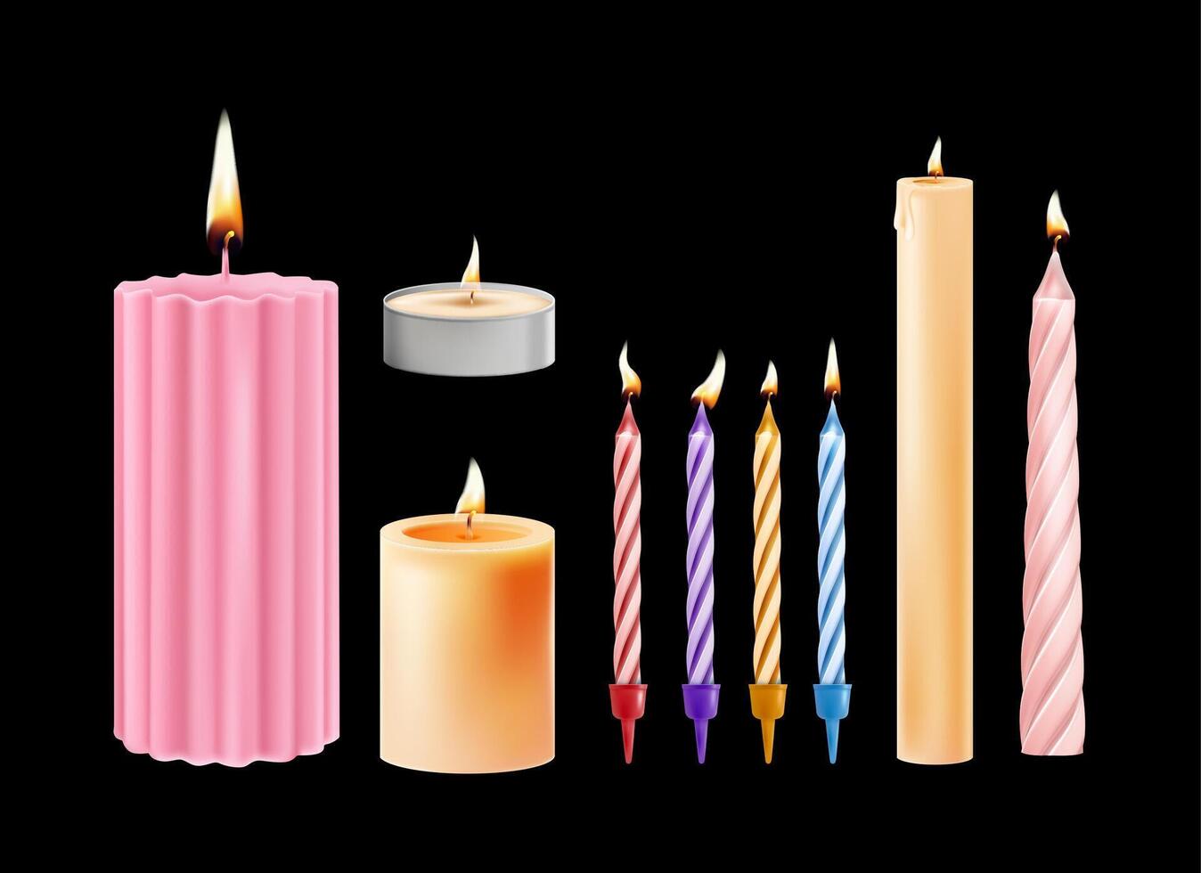 Realistic 3d candles. Burning decorative aromatic paraffin wax candles, birthday cake colorful twisted candle isolated on black background. set vector