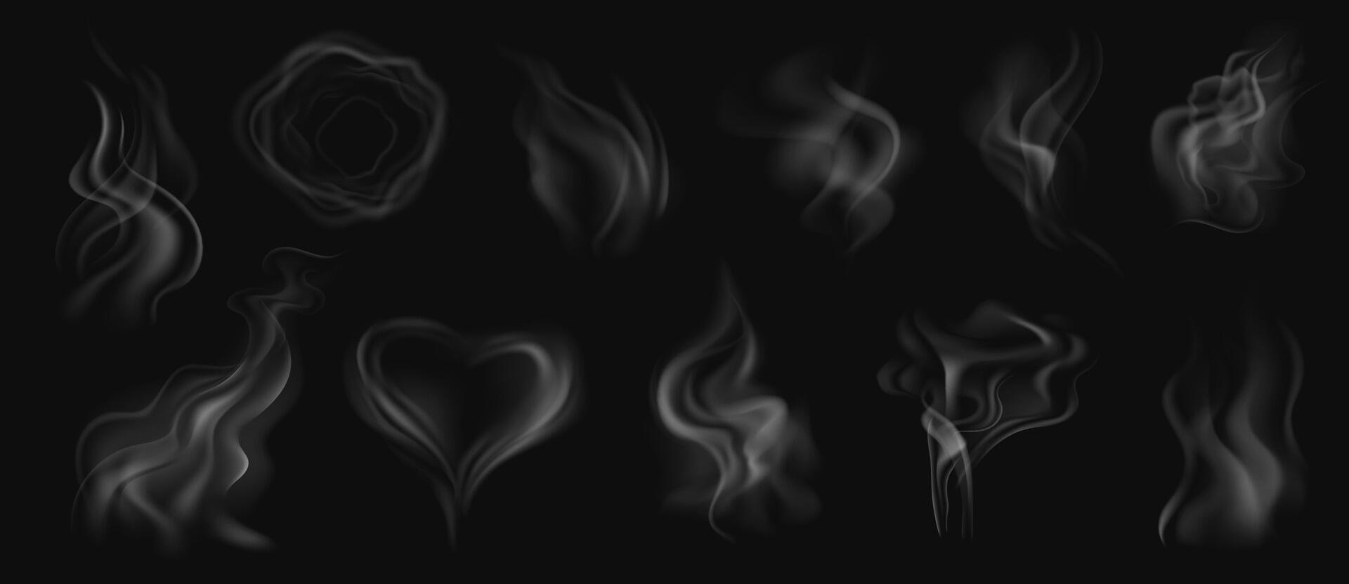 Realistic smoke. White steam, smoke from hot food or tea, coffee and cigarette or hookah steam trail in ring and heart shape isolated on transparent background. set vector