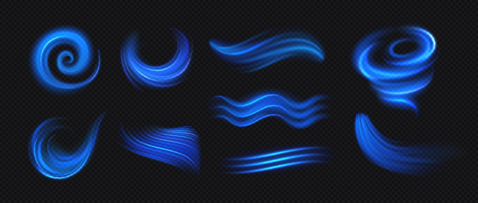 Air flow. Blue cold air flows from conditioner isolated on transparent background. Blue wind light effects, ice blow stream and vortex trail. effects vector