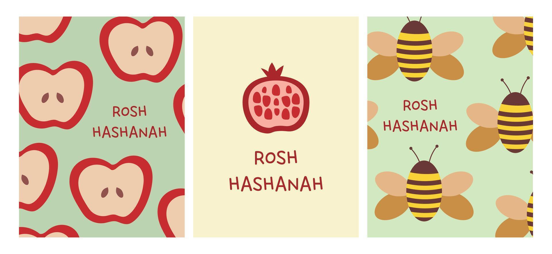Rosh Hashanah holiday concept, card set. Pomegranate, apple and bee. illustration, ready for design vector
