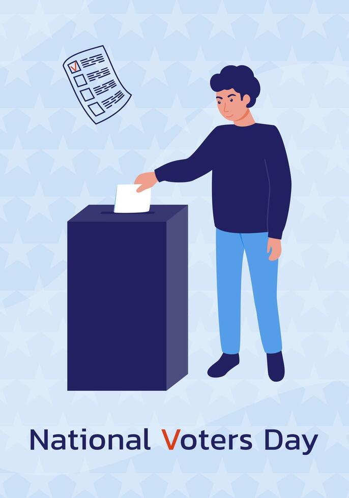 Man throws a ballot into the voting box. A call to vote. National Voter Day. vector